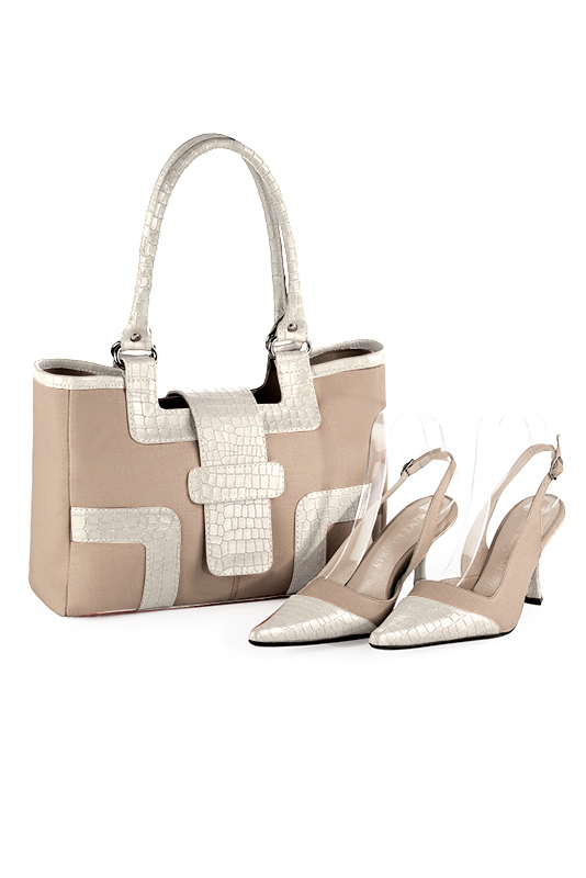 Tan beige and off white women's dress handbag, matching pumps and belts. Top view - Florence KOOIJMAN